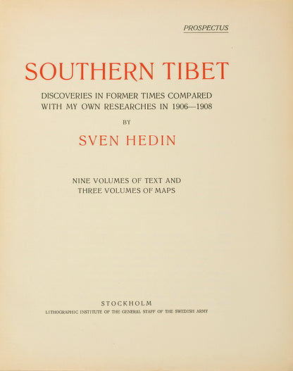 An excellent set of the first edition of Sven Hedin's Southern Tibet, masterwork, on his third and most ambitious expedition. He was the first European to reach the holy Mount Kailash and Lake Manasarovar.