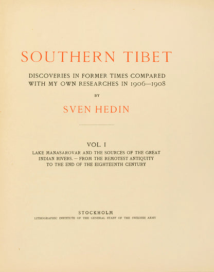 An excellent set of the first edition of Sven Hedin's Southern Tibet, masterwork, on his third and most ambitious expedition. He was the first European to reach the holy Mount Kailash and Lake Manasarovar.