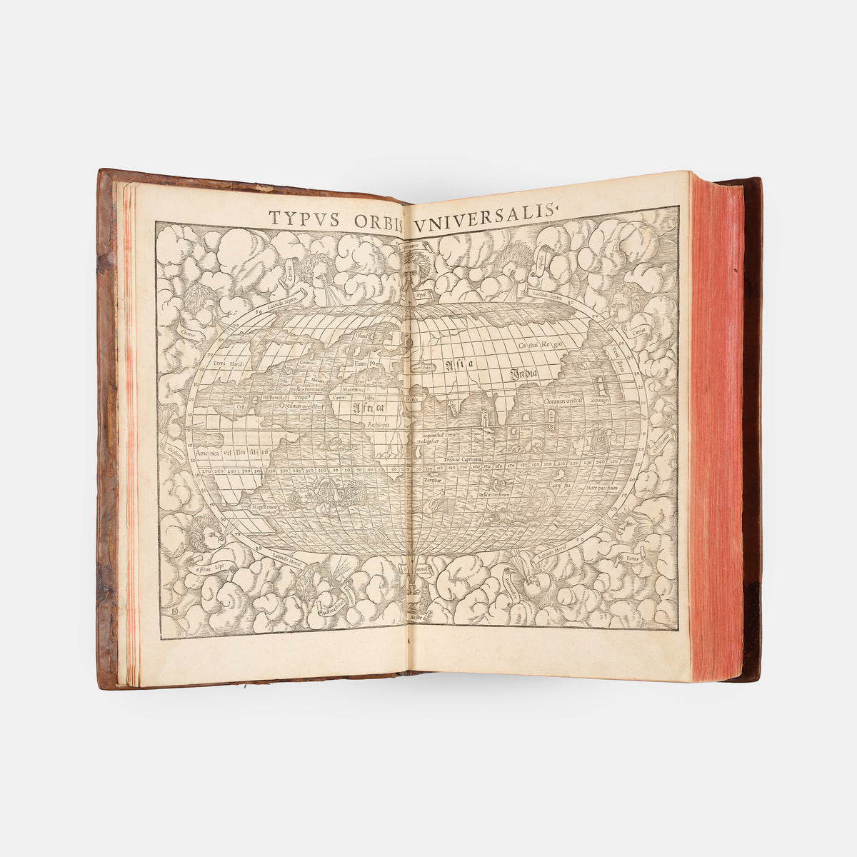 First Latin edition of Sebastian Munster's Cosmographiae Universalis, for the first time with 39 town views, and new world maps and map of America.