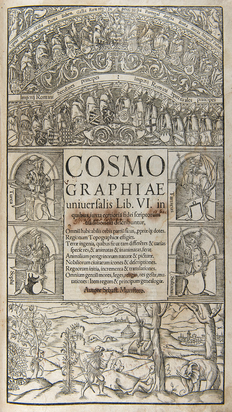 First Latin edition of Sebastian Munster's Cosmographiae Universalis, for the first time with 39 town views, and new world maps and map of America.
