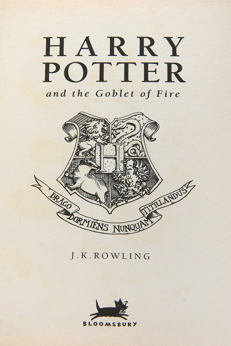 A fine first edition of the fourth Harry Potter book by J.K. Rowling, Harry Potter and the Goblet of Fire, the first in the series to state 'First Edition'