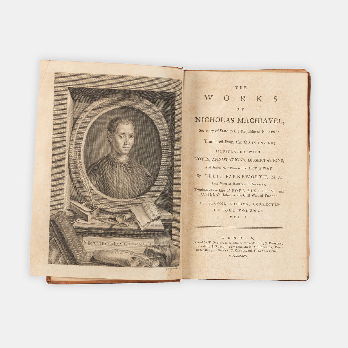 An attractive set in contemporary sprinkled calf of the collected works of Niccolò Machiavelli, following the English-language translation of Ellis Farneworth