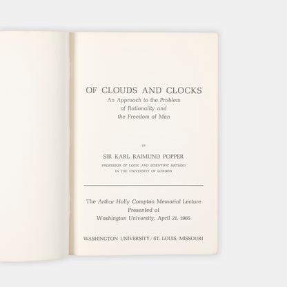 The first printing of si Karl Popper's lecture on human freedom Of Clouds and Clocks, inscribe dhim him to Alan Gould