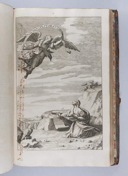 An impressive pulpit folio edition of the King James Bible, illustrated with engraved general and New Testament title-pages, and bound in contemporary panelled calf