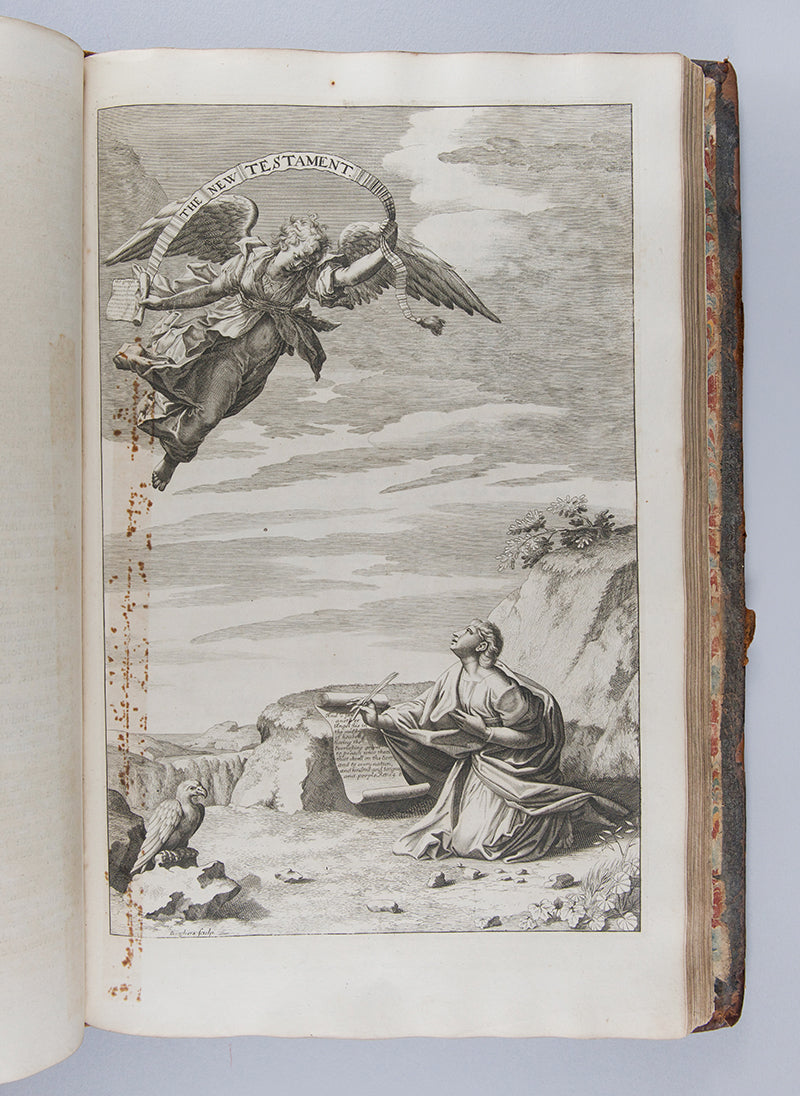 An impressive pulpit folio edition of the King James Bible, illustrated with engraved general and New Testament title-pages, and bound in contemporary panelled calf