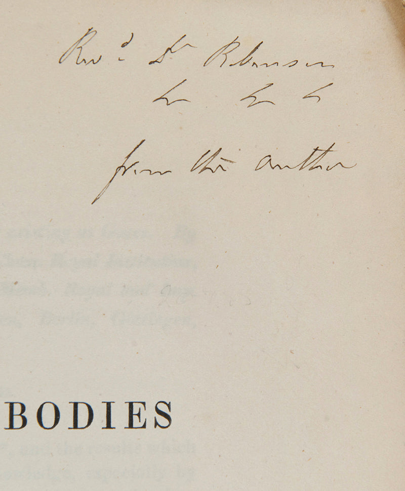 The rare offprint of Michael Faraday's On the Liquefaction and Solidification of Bodies Generally Existing as Gases, a presentation copy inscribed by the author.