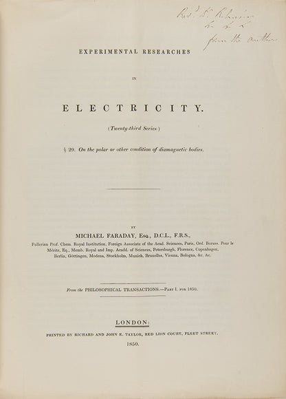 The rare offprint of Michael Faraday's Experimental Researches in Electricity, Twenty-Third Series. Presentation copy inscribed by the author.