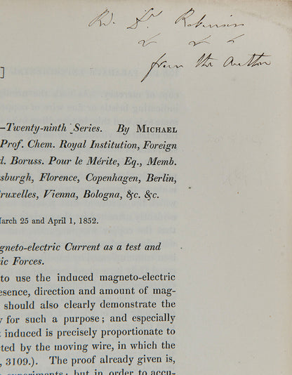 The rare offprint of Michael Faraday's Experimental Researches in Electricity, Twenty-ninth Series. Presentation copy inscribed by the author.