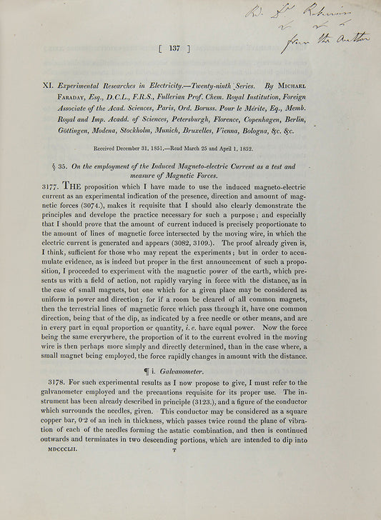 The rare offprint of Michael Faraday's Experimental Researches in Electricity, Twenty-ninth Series. Presentation copy inscribed by the author.