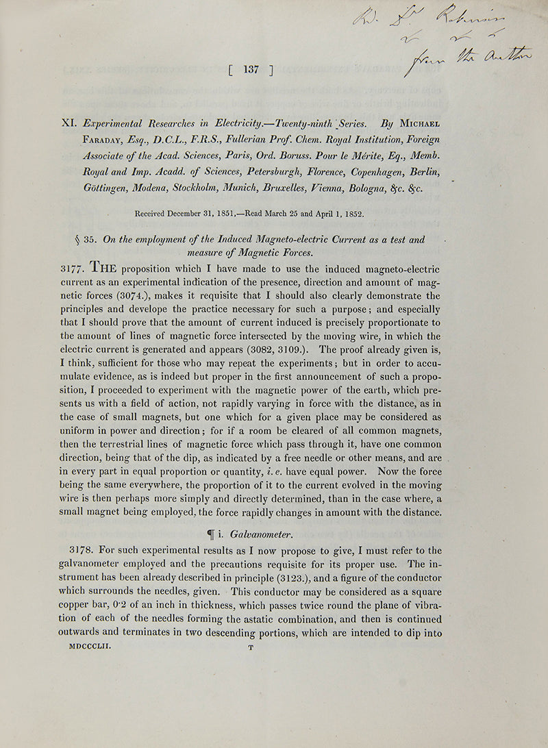The rare offprint of Michael Faraday's Experimental Researches in Electricity, Twenty-ninth Series. Presentation copy inscribed by the author.