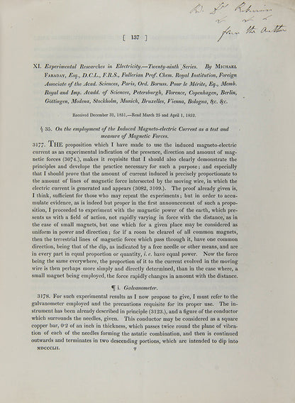 The rare offprint of Michael Faraday's Experimental Researches in Electricity, Twenty-ninth Series. Presentation copy inscribed by the author.