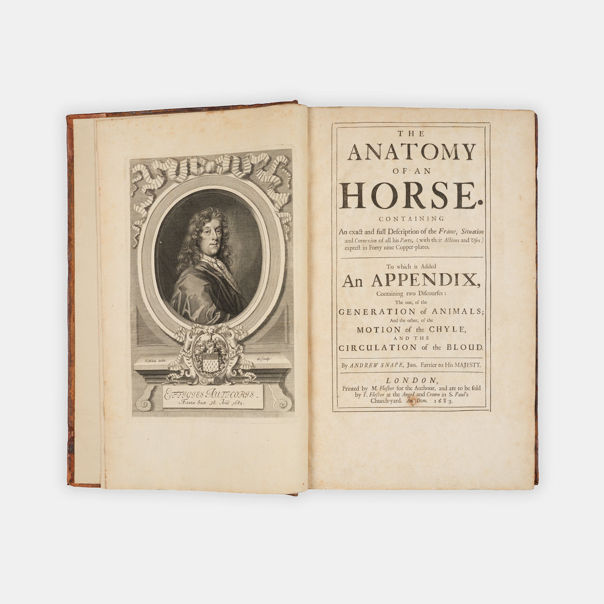 The first edition of one of the earliest works on horse anatomy in the English language, The Anatomy of an Horse by Andrew Snape, published in 1683.