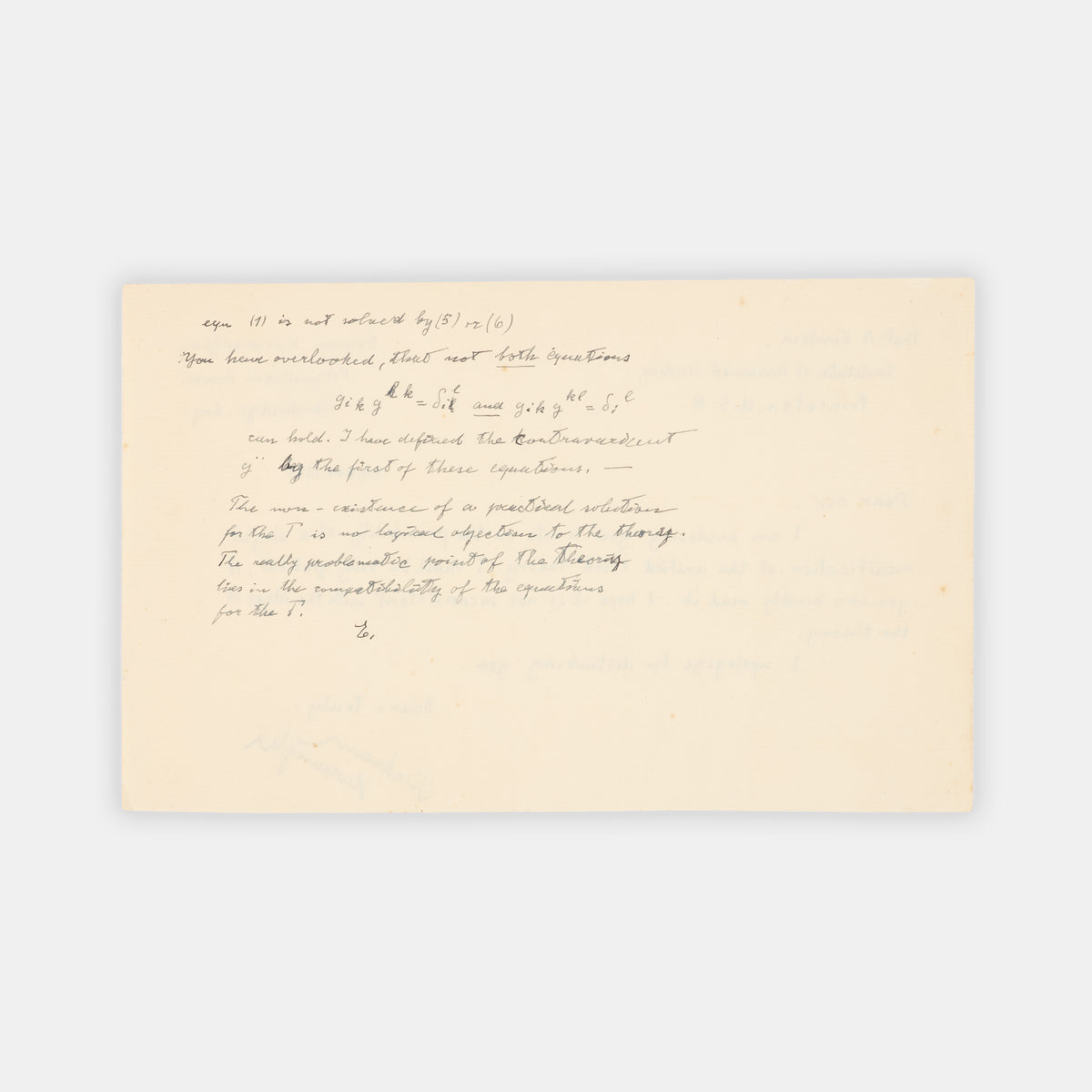 Initialled autograph letter by Albert Einstein correcting the work of graduate student  and future theoretical physicist Behram Kurşunoğlu on the unified field theory