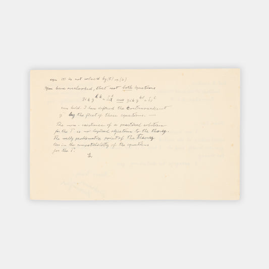 Initialled autograph letter by Albert Einstein correcting the work of graduate student  and future theoretical physicist Behram Kurşunoğlu on the unified field theory