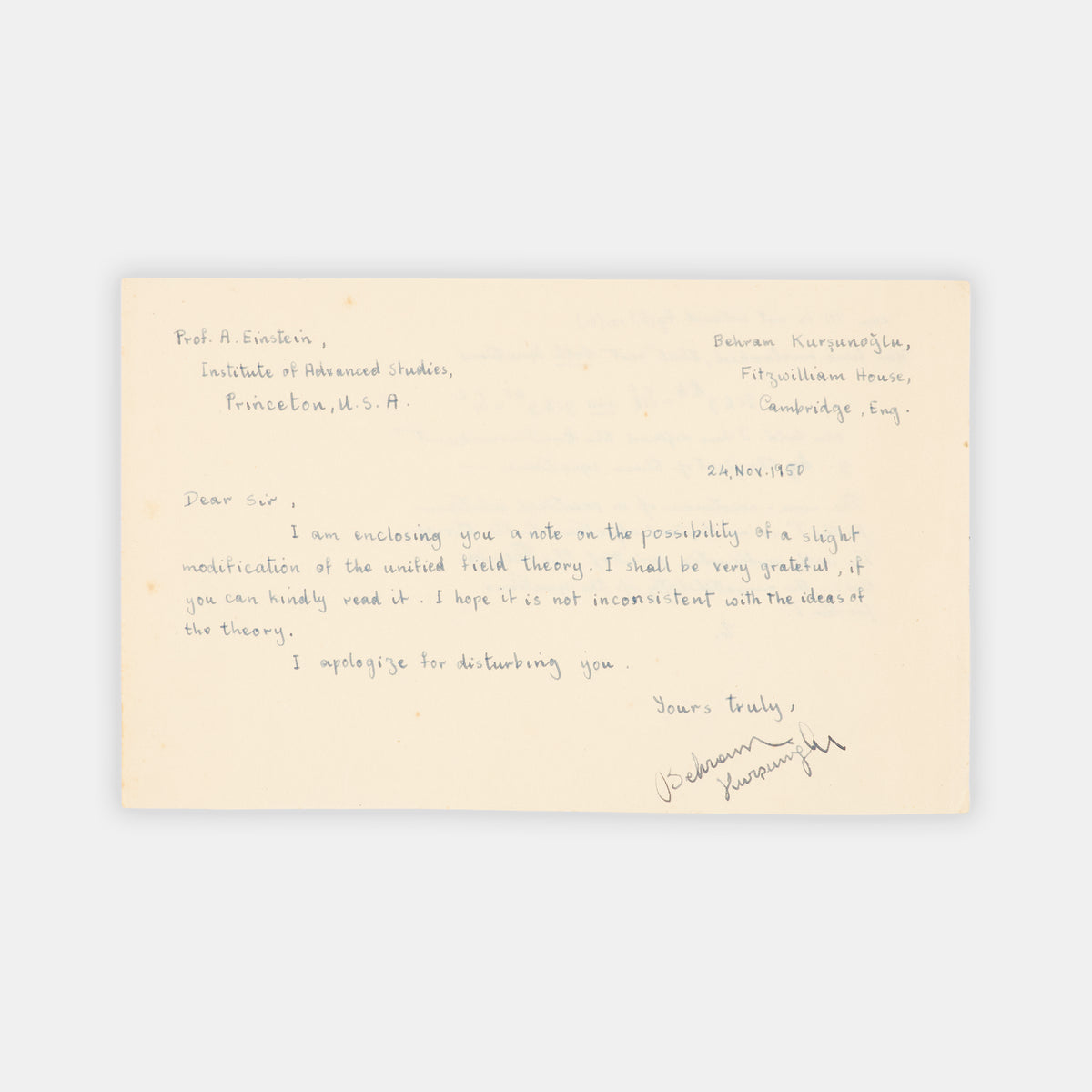 Initialled autograph letter by Albert Einstein correcting the work of graduate student  and future theoretical physicist Behram Kurşunoğlu on the unified field theory