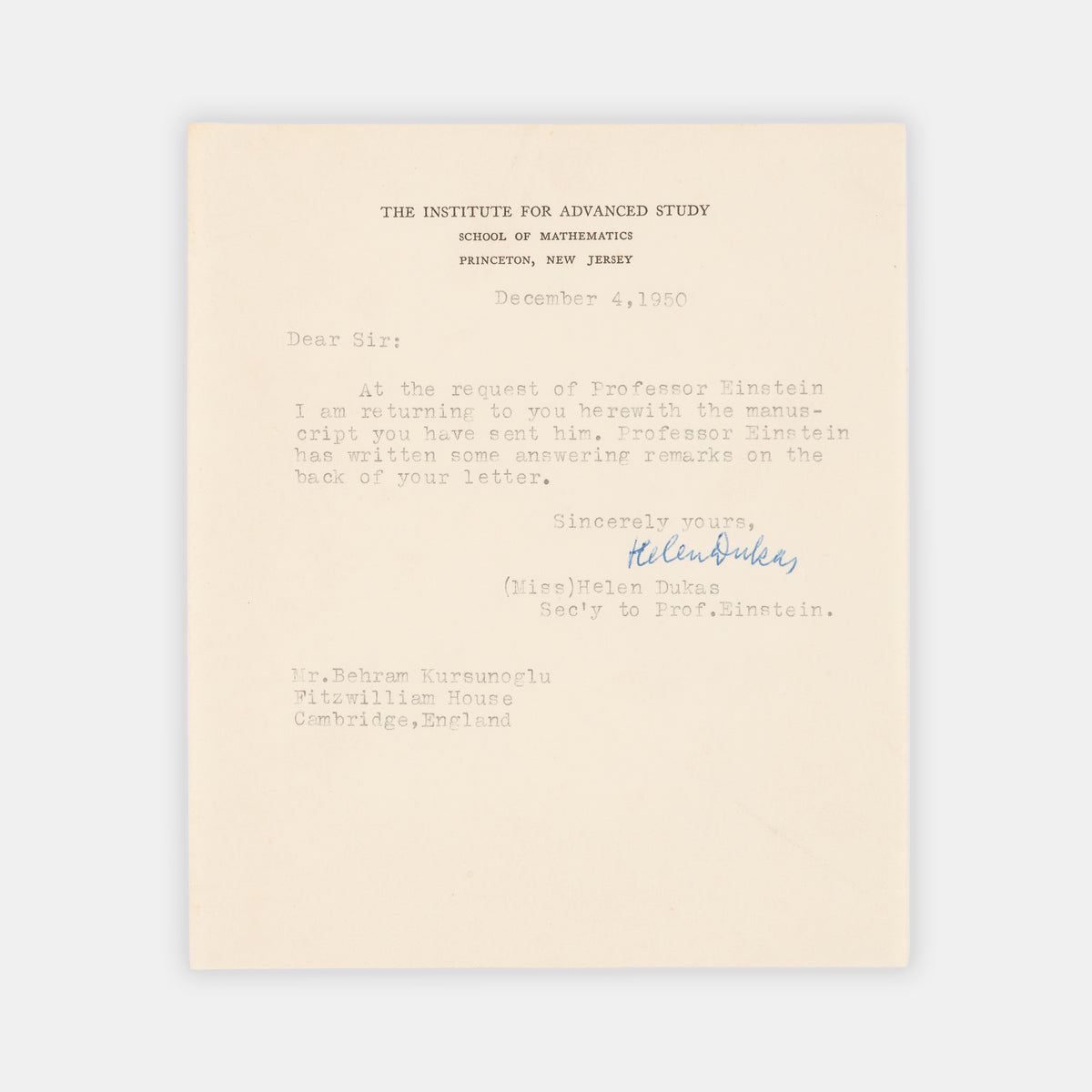 Initialled autograph letter by Albert Einstein correcting the work of graduate student  and future theoretical physicist Behram Kurşunoğlu on the unified field theory