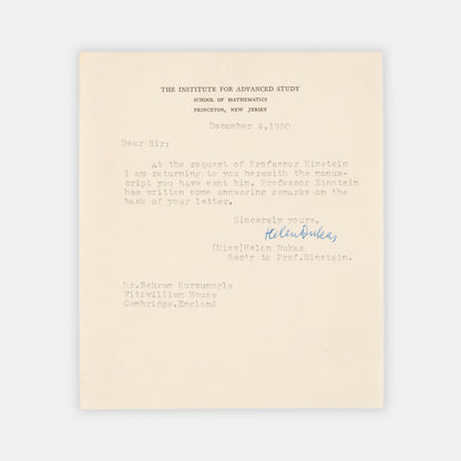 Initialled autograph letter by Albert Einstein correcting the work of graduate student  and future theoretical physicist Behram Kurşunoğlu on the unified field theory