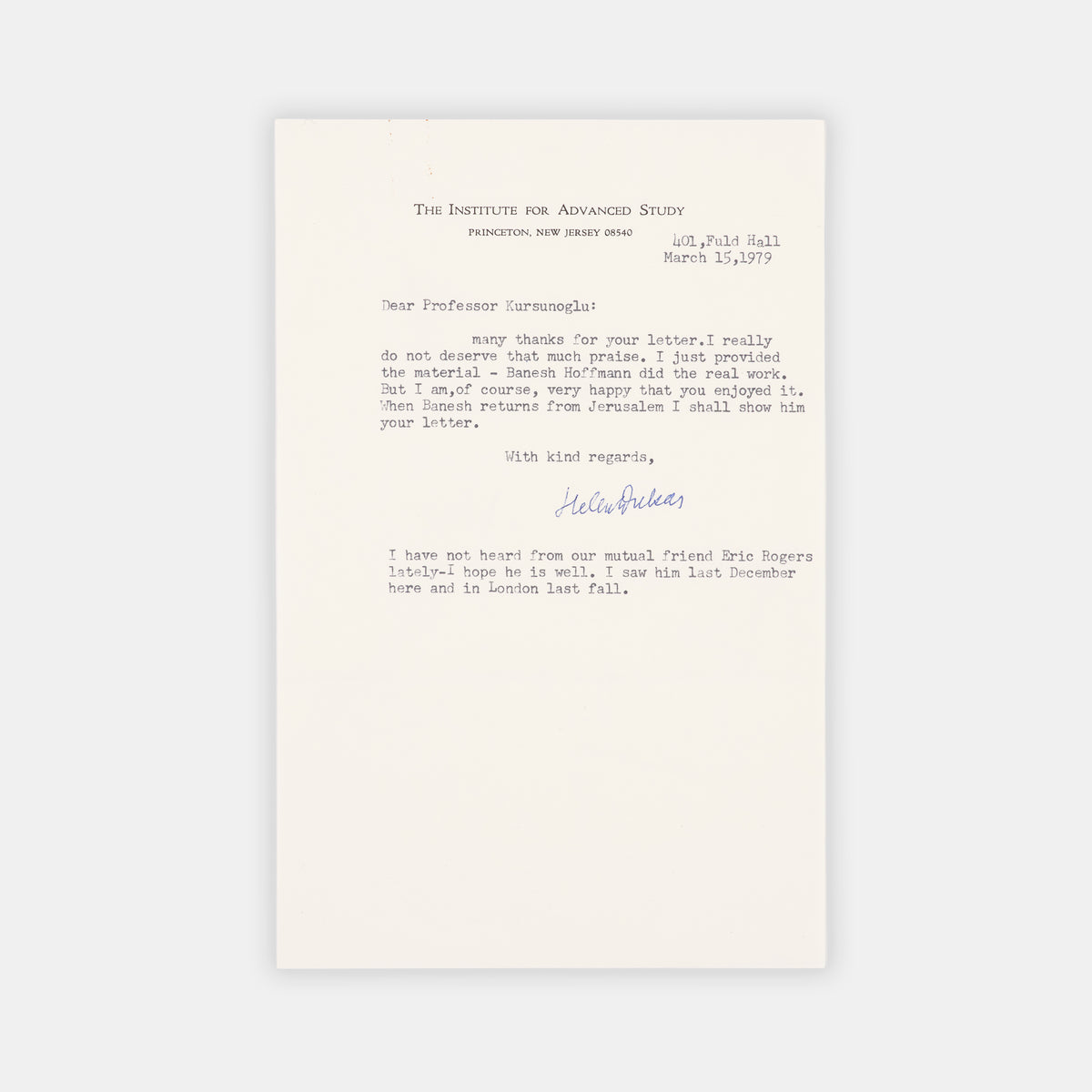 Initialled autograph letter by Albert Einstein correcting the work of graduate student  and future theoretical physicist Behram Kurşunoğlu on the unified field theory