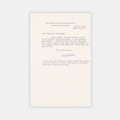 Initialled autograph letter by Albert Einstein correcting the work of graduate student  and future theoretical physicist Behram Kurşunoğlu on the unified field theory