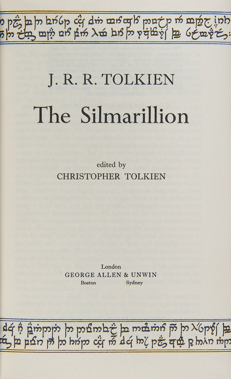 The first edition of J.R.R. Tolkien's tales of The Silmarillion, set in an age when Morgoth, the first Dark Lord, dwelt in Middle-Earth, and the High Elves made war upon him for the recovery of the Silmarils, the jewels containing the pure light of Valinor.