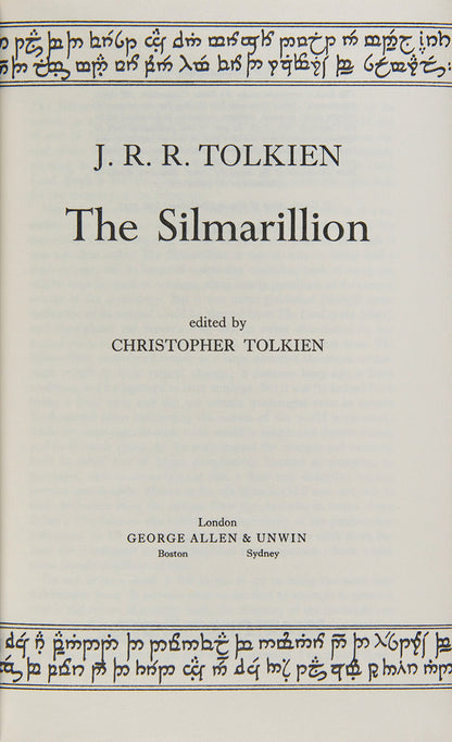The first edition of J.R.R. Tolkien's tales of The Silmarillion, set in an age when Morgoth, the first Dark Lord, dwelt in Middle-Earth, and the High Elves made war upon him for the recovery of the Silmarils, the jewels containing the pure light of Valinor.