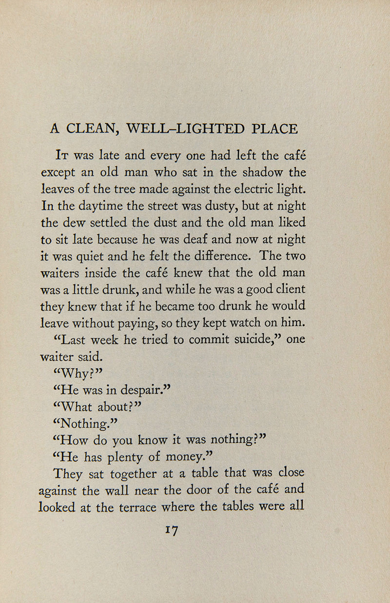 <em>Winner Take Nothing</em>, a 1933 collection of short stories by Nobel Prize Winner Ernest Hemingway, including <em>A Clean, Well Lighted Place</em>, which James Joyce called 'one of the best short stories ever written'.