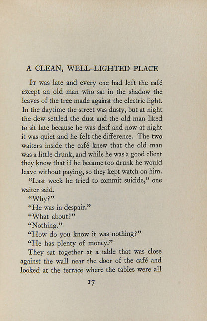 <em>Winner Take Nothing</em>, a 1933 collection of short stories by Nobel Prize Winner Ernest Hemingway, including <em>A Clean, Well Lighted Place</em>, which James Joyce called 'one of the best short stories ever written'.