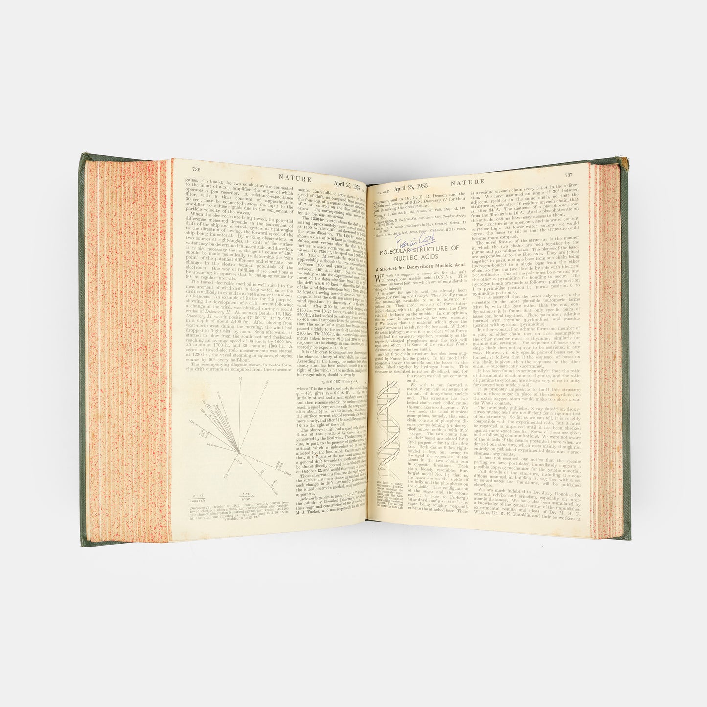 First edition, the complete 1953 volume of the journal Nature containing the first four papers on the structure of DNA, signed by Francis Crick on the first paper, 'A Structure for Deoxyribose Nucleic Acid'.