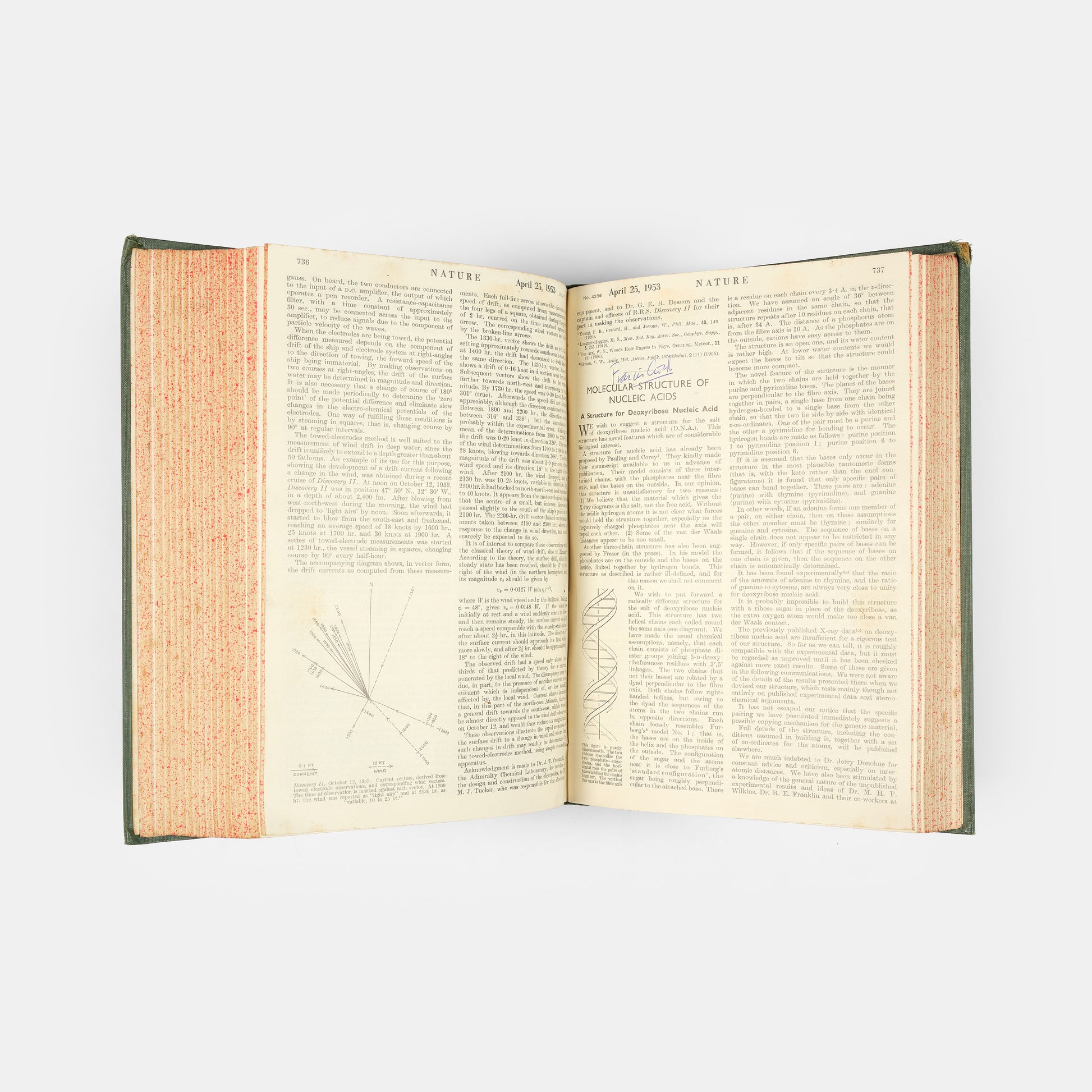 First edition, the complete 1953 volume of the journal Nature containing the first four papers on the structure of DNA, signed by Francis Crick on the first paper, 'A Structure for Deoxyribose Nucleic Acid'.