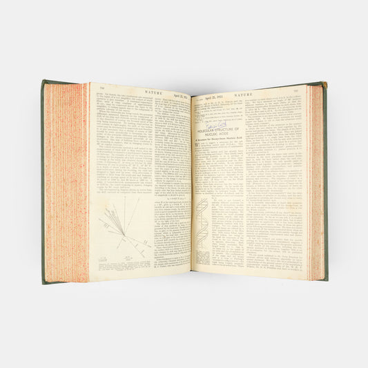 First edition, the complete 1953 volume of the journal Nature containing the first four papers on the structure of DNA, signed by Francis Crick on the first paper, 'A Structure for Deoxyribose Nucleic Acid'.