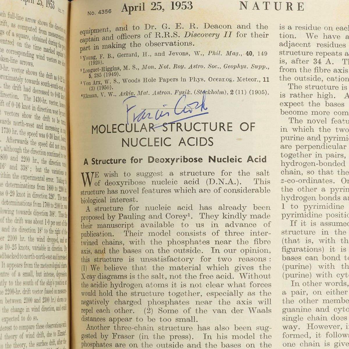 First edition, the complete 1953 volume of the journal Nature containing the first four papers on the structure of DNA, signed by Francis Crick on the first paper, 'A Structure for Deoxyribose Nucleic Acid'