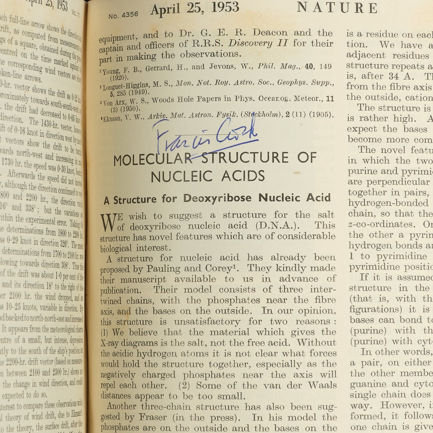 First edition, the complete 1953 volume of the journal Nature containing the first four papers on the structure of DNA, signed by Francis Crick on the first paper, 'A Structure for Deoxyribose Nucleic Acid'.