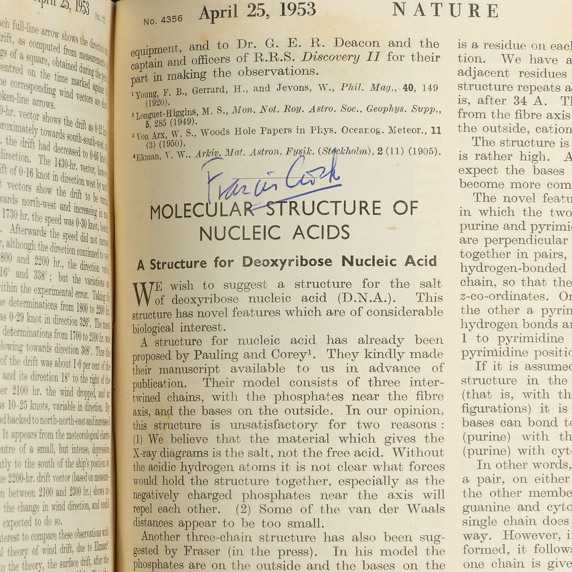 First edition, the complete 1953 volume of the journal Nature containing the first four papers on the structure of DNA, signed by Francis Crick on the first paper, 'A Structure for Deoxyribose Nucleic Acid'.