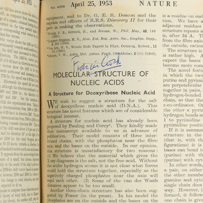 First edition, the complete 1953 volume of the journal Nature containing the first four papers on the structure of DNA, signed by Francis Crick on the first paper, 'A Structure for Deoxyribose Nucleic Acid'.