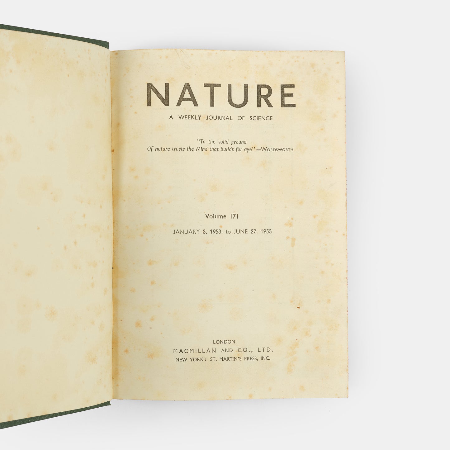 First edition, the complete 1953 volume of the journal Nature containing the first four papers on the structure of DNA, signed by Francis Crick on the first paper, 'A Structure for Deoxyribose Nucleic Acid'.