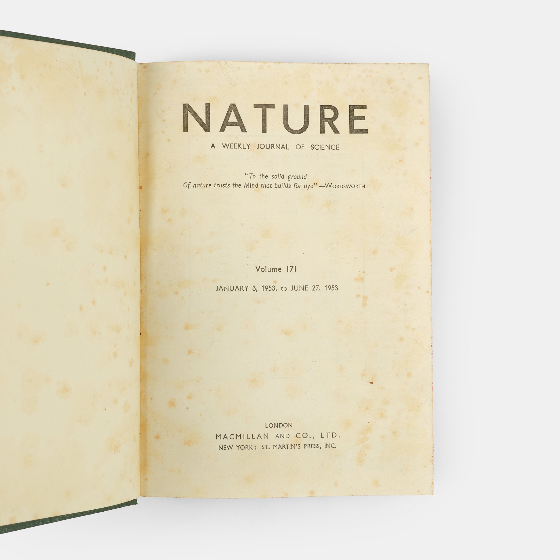 First edition, the complete 1953 volume of the journal Nature containing the first four papers on the structure of DNA, signed by Francis Crick on the first paper, 'A Structure for Deoxyribose Nucleic Acid'.