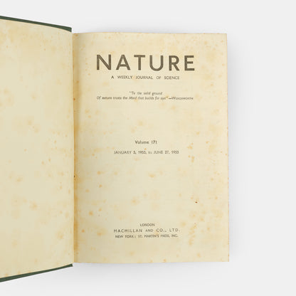 First edition, the complete 1953 volume of the journal Nature containing the first four papers on the structure of DNA, signed by Francis Crick on the first paper, 'A Structure for Deoxyribose Nucleic Acid'.