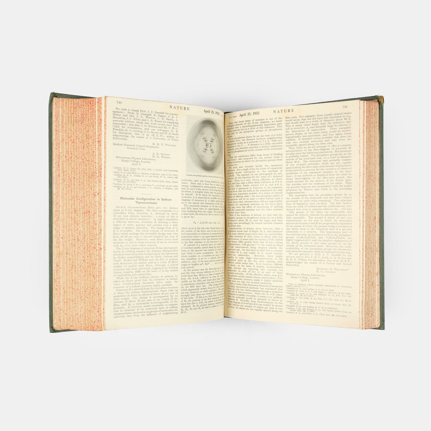 First edition, the complete 1953 volume of the journal Nature containing the first four papers on the structure of DNA, signed by Francis Crick on the first paper, 'A Structure for Deoxyribose Nucleic Acid'.