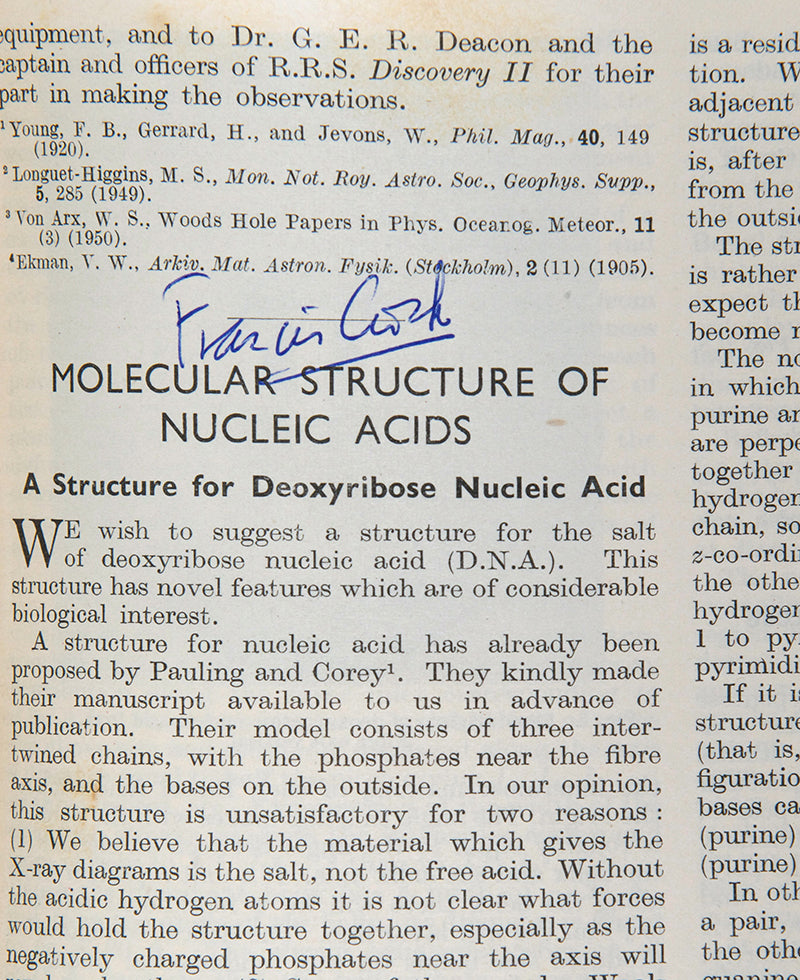 First edition, the complete 1953 volume of the journal Nature containing the first four papers on the structure of DNA, signed by Francis Crick on the first paper, 'A Structure for Deoxyribose Nucleic Acid'.