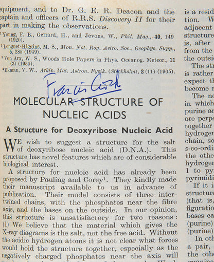 First edition, the complete 1953 volume of the journal Nature containing the first four papers on the structure of DNA, signed by Francis Crick on the first paper, 'A Structure for Deoxyribose Nucleic Acid'.