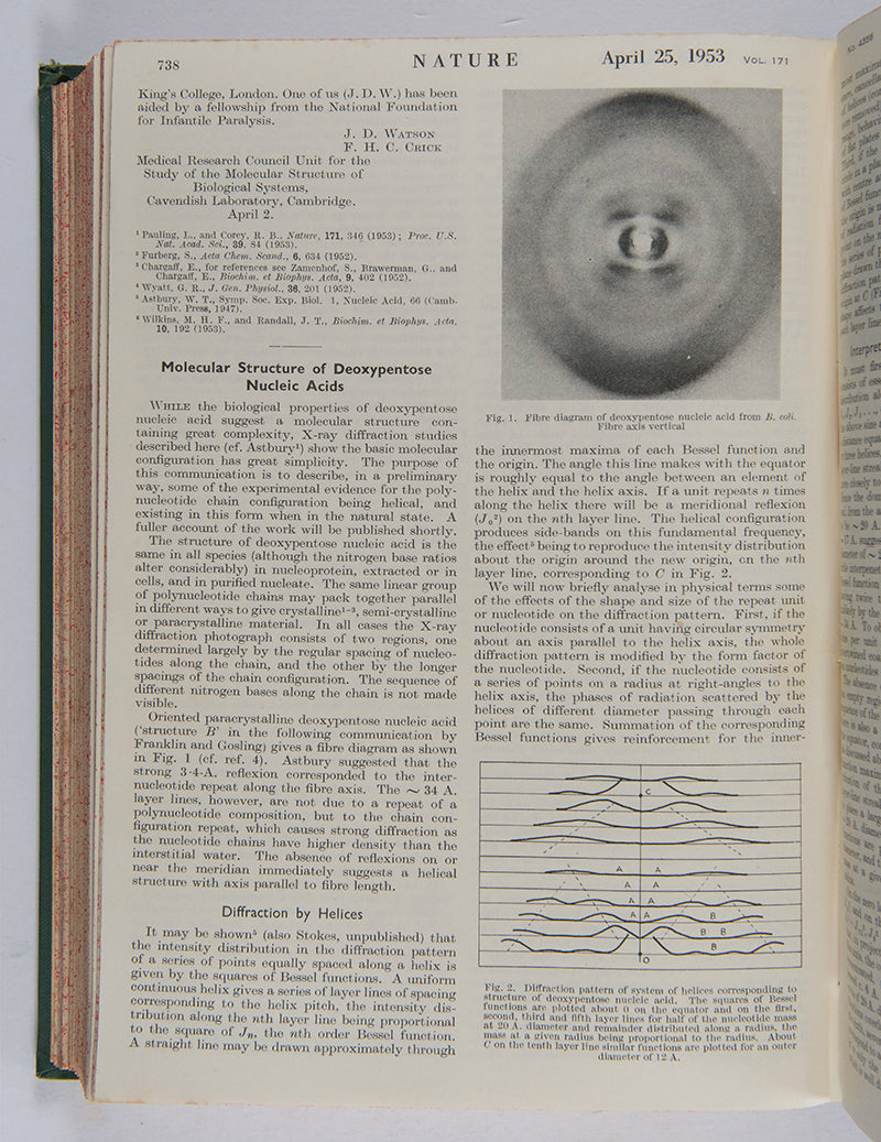 First edition, the complete 1953 volume of the journal Nature containing the first four papers on the structure of DNA, signed by Francis Crick on the first paper, 'A Structure for Deoxyribose Nucleic Acid'.
