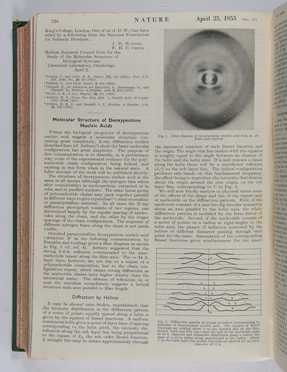 First edition, the complete 1953 volume of the journal Nature containing the first four papers on the structure of DNA, signed by Francis Crick on the first paper, 'A Structure for Deoxyribose Nucleic Acid'.