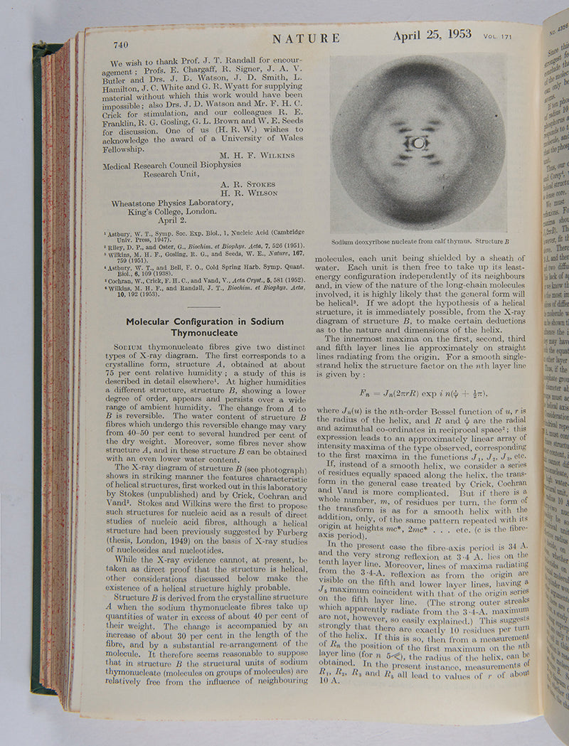 First edition, the complete 1953 volume of the journal Nature containing the first four papers on the structure of DNA, signed by Francis Crick on the first paper, 'A Structure for Deoxyribose Nucleic Acid'.