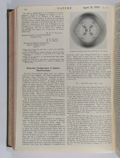 First edition, the complete 1953 volume of the journal Nature containing the first four papers on the structure of DNA, signed by Francis Crick on the first paper, 'A Structure for Deoxyribose Nucleic Acid'.
