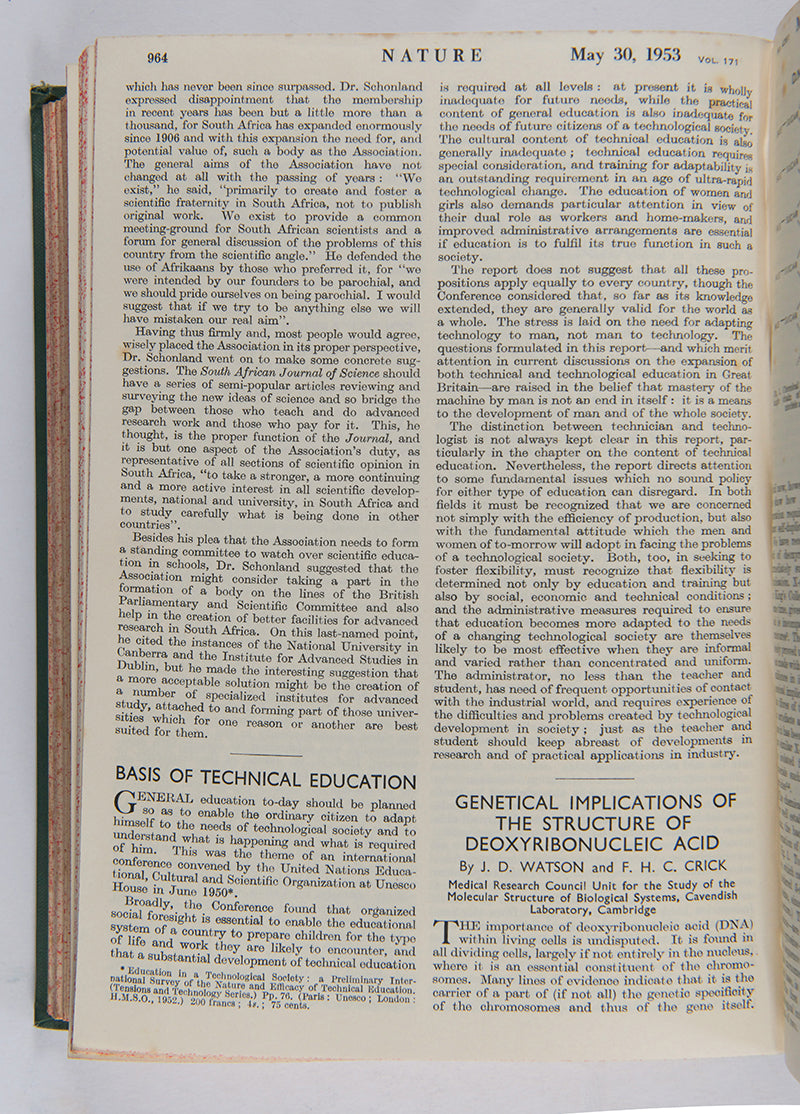 First edition, the complete 1953 volume of the journal Nature containing the first four papers on the structure of DNA, signed by Francis Crick on the first paper, 'A Structure for Deoxyribose Nucleic Acid'.