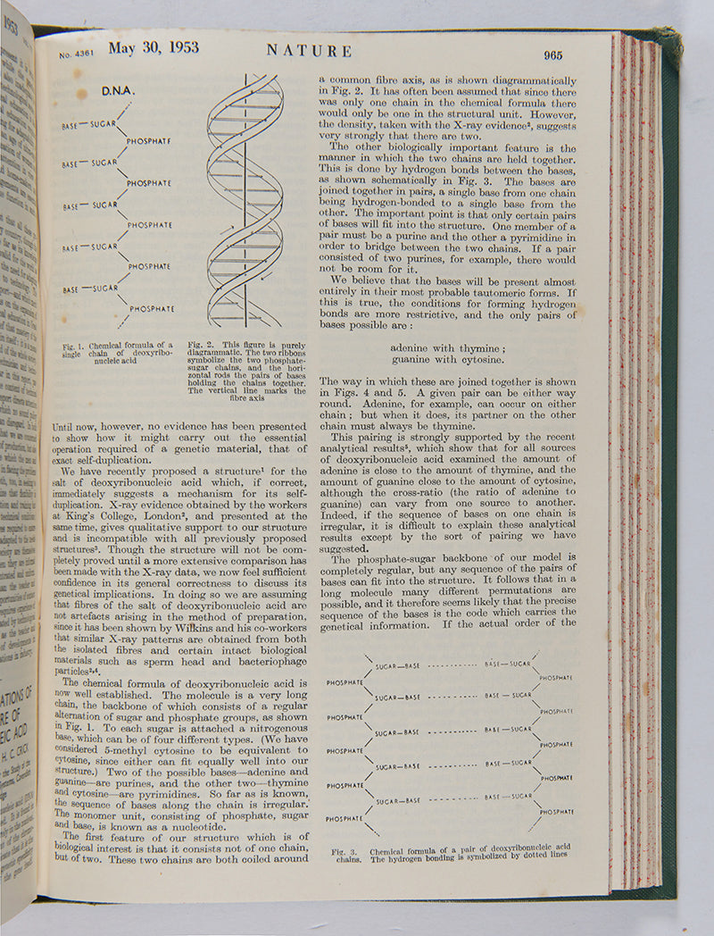 First edition, the complete 1953 volume of the journal Nature containing the first four papers on the structure of DNA, signed by Francis Crick on the first paper, 'A Structure for Deoxyribose Nucleic Acid'.