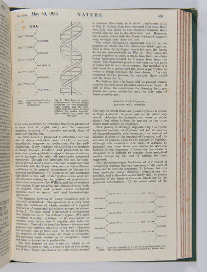 First edition, the complete 1953 volume of the journal Nature containing the first four papers on the structure of DNA, signed by Francis Crick on the first paper, 'A Structure for Deoxyribose Nucleic Acid'.