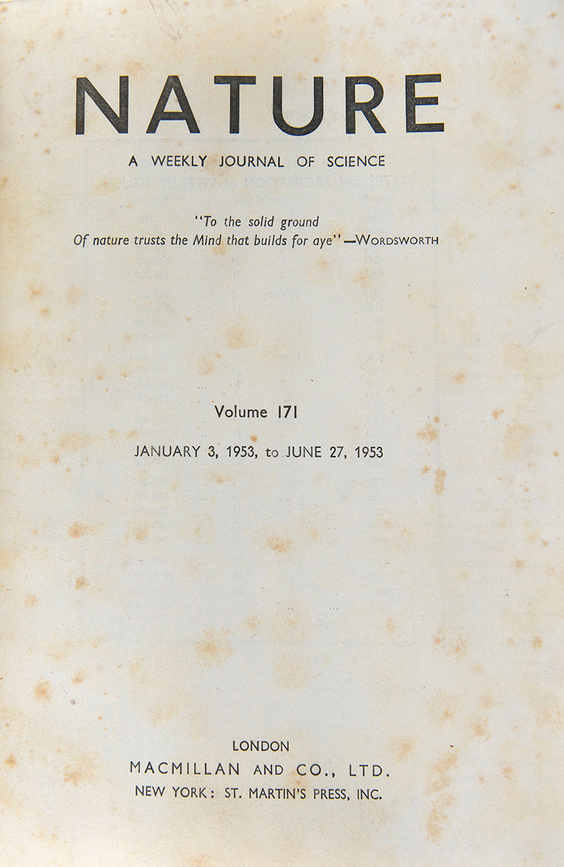 First edition, the complete 1953 volume of the journal Nature containing the first four papers on the structure of DNA, signed by Francis Crick on the first paper, 'A Structure for Deoxyribose Nucleic Acid'.