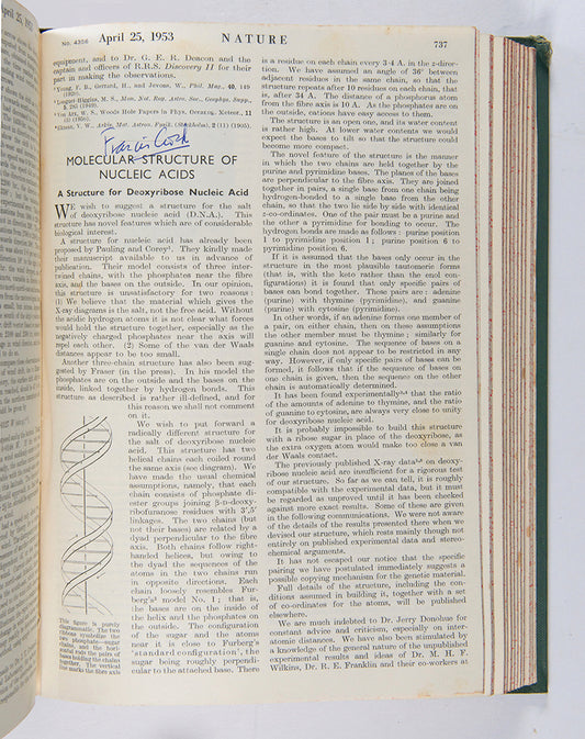 First edition, the complete 1953 volume of the journal Nature containing the first four papers on the structure of DNA, signed by Francis Crick on the first paper, 'A Structure for Deoxyribose Nucleic Acid'.