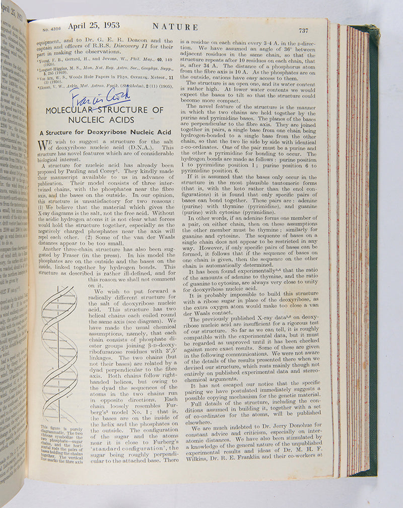 First edition, the complete 1953 volume of the journal Nature containing the first four papers on the structure of DNA, signed by Francis Crick on the first paper, 'A Structure for Deoxyribose Nucleic Acid'.